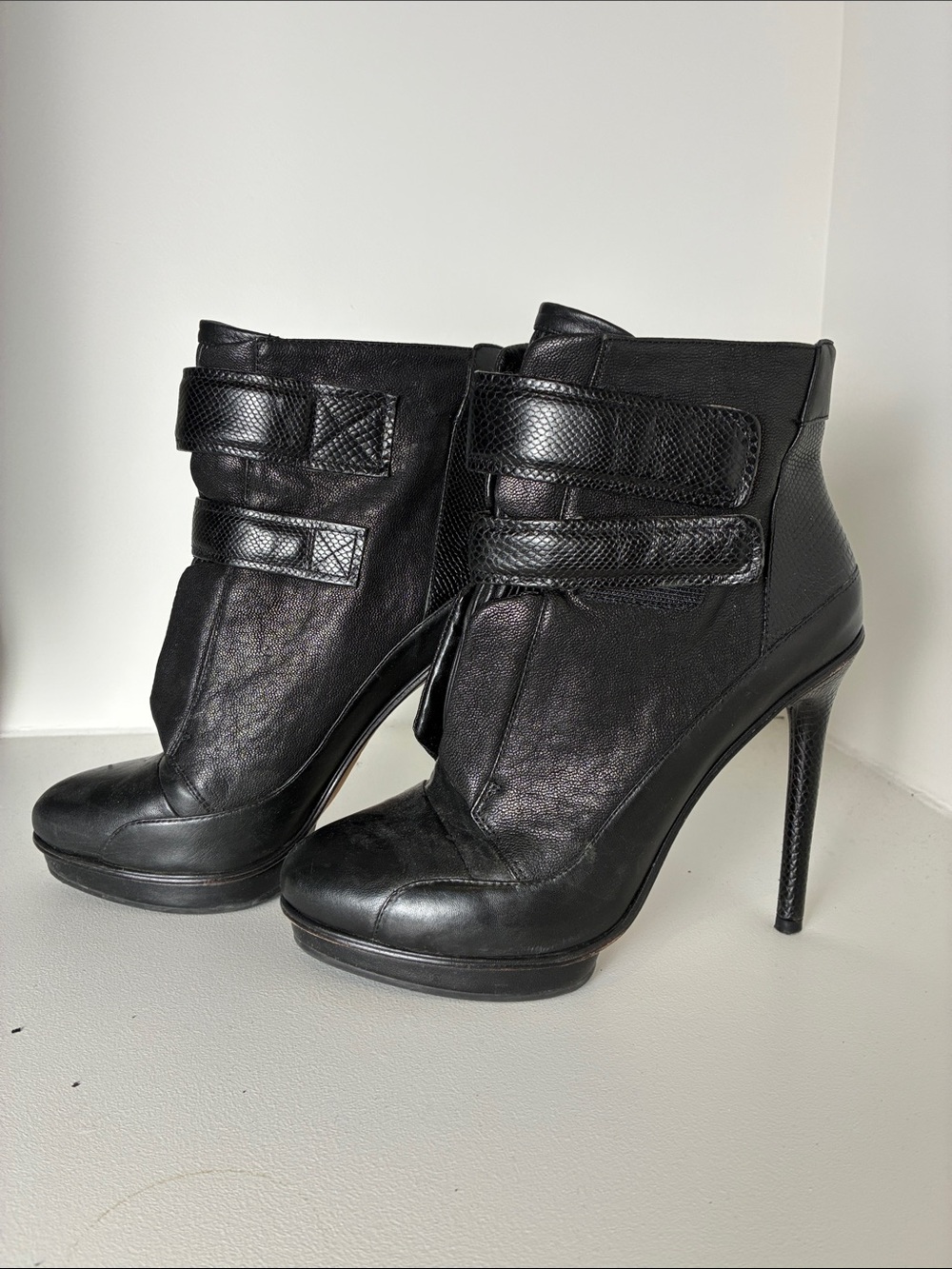 BCBGMaxAzria Black Leather High-Heel Ankle Boots with Strap Detail